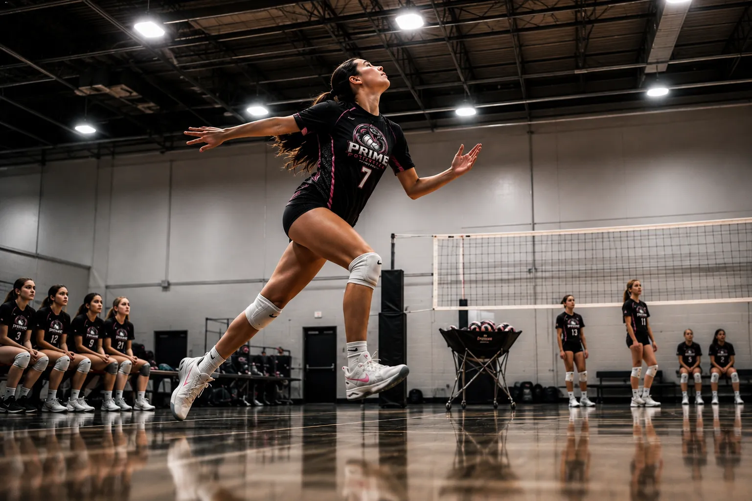 A Prime Potential athlete mid-air on an attack approach, jumping to hit under harsh gym lighting