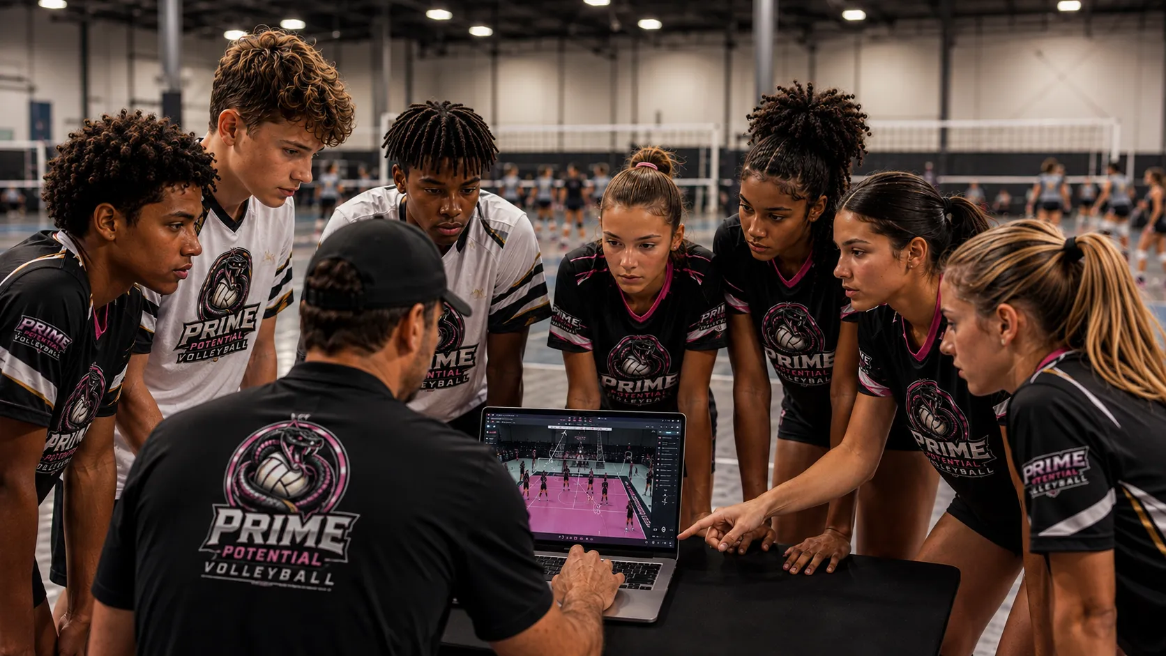 A Prime Potential coach reviewing game film on a laptop with a group of athletes gathered around