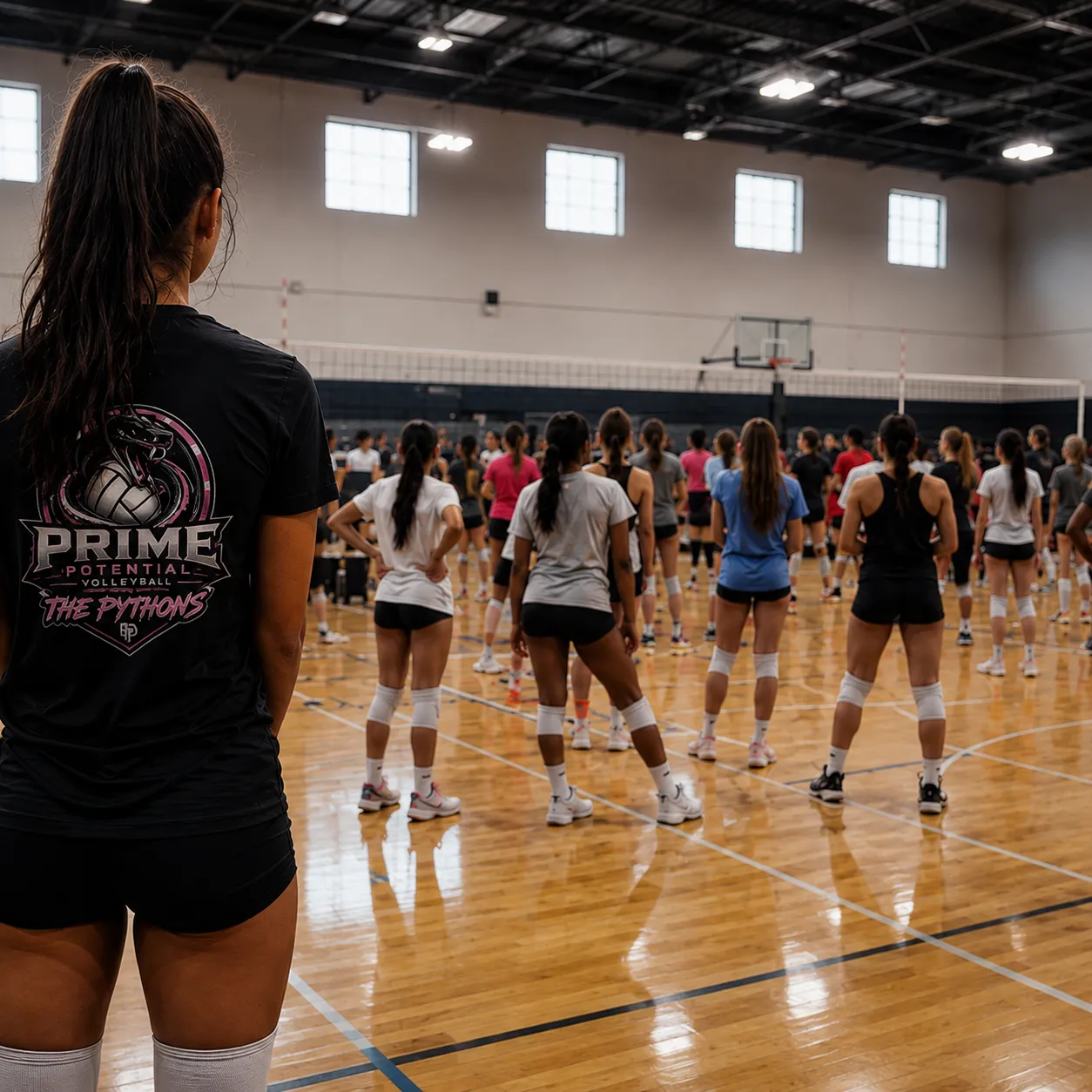 An athlete stands back-angle in a Prime Pythons shirt, watching a crowded volleyball tryout lineup on the court